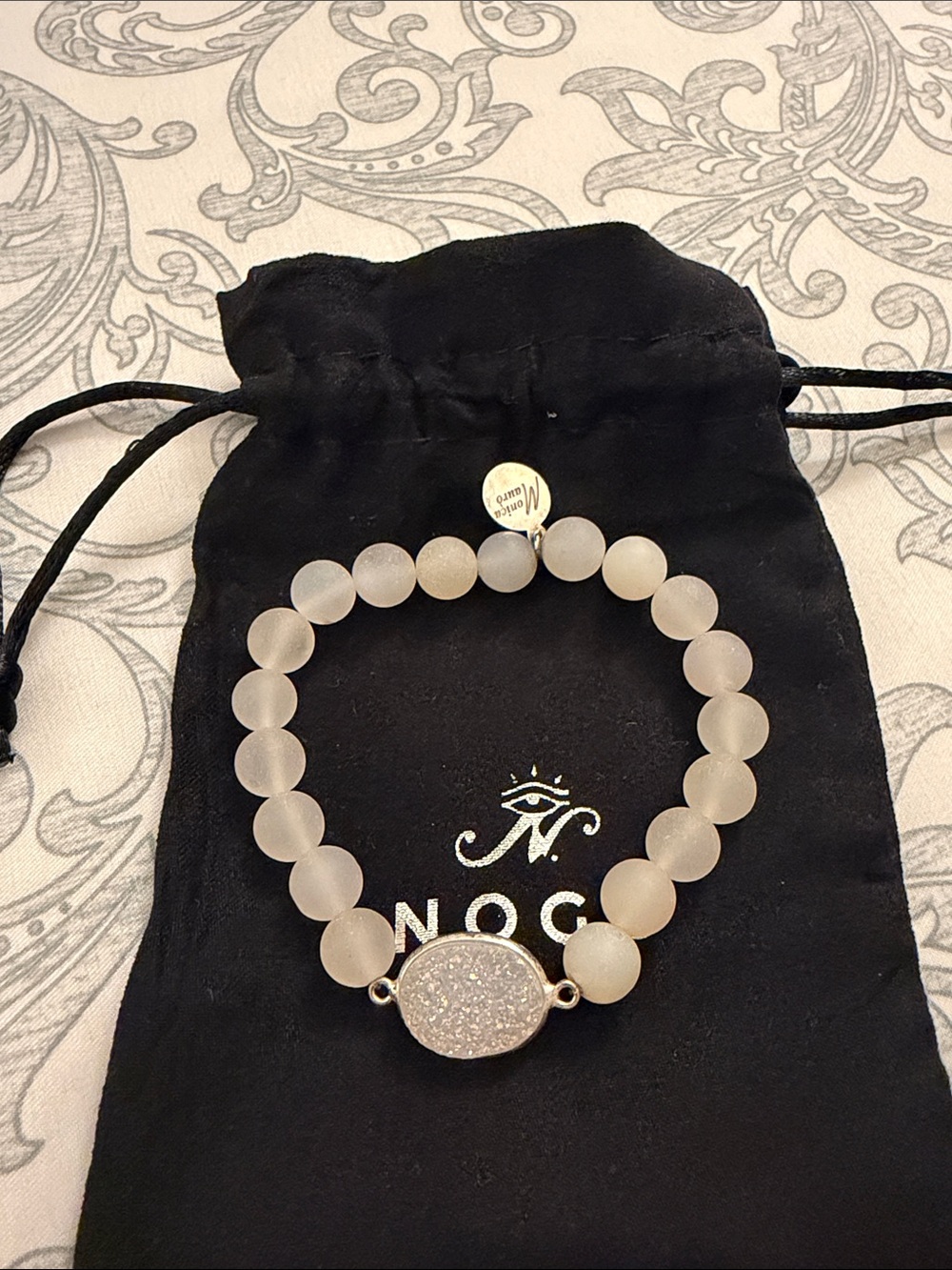 MONICA MAURO Frosted White Beaded Bracelet with Druzy Disc